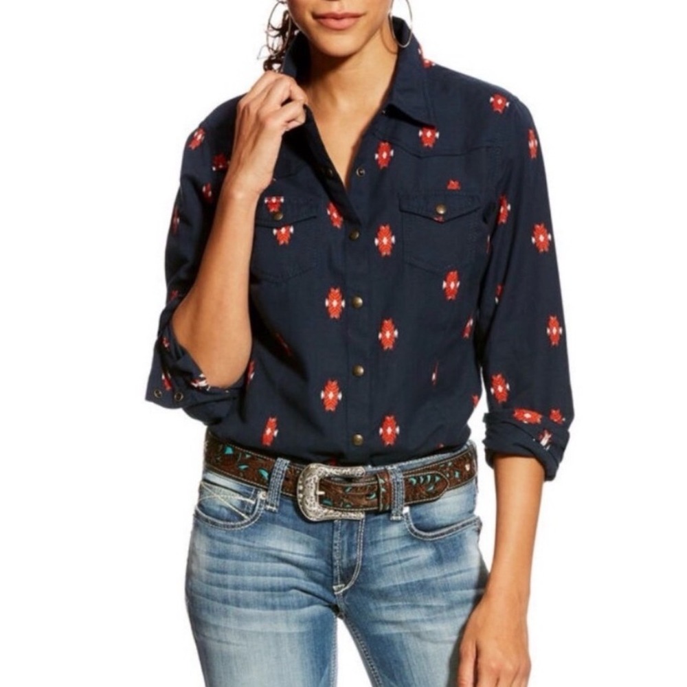 Ariat Real Mesmeric M Navy Blue Geometric Embroidered Western Shirt Long Sleeve